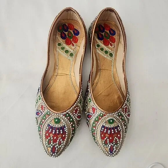 Step N Style Ladies Traditional Punjabi Gold Flat Indian Leather Embroidered .. - Picture 1 of 5